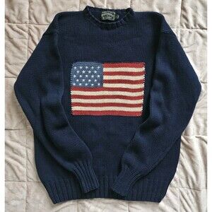 Vintage 90s Polo Country Ralph Lauren American Flag Knit Sweater Mens XL Navy